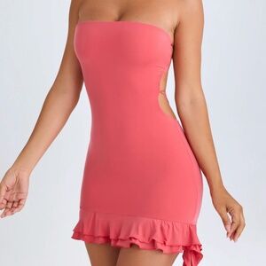 OH POLLY MISA Ruffle-Trim Cut-Out Bandeau Mini Dress in Coral